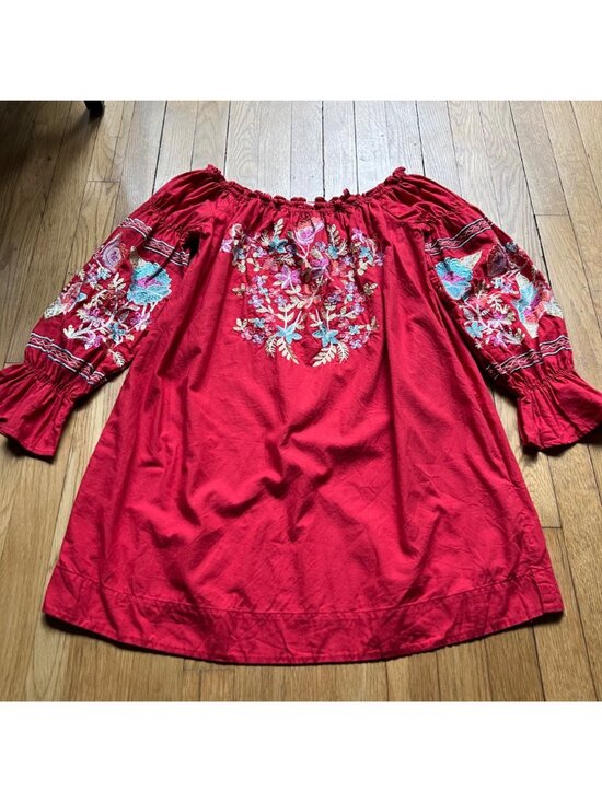 Free People Size S Red Fleur Du Jour Floral Embroidered Boho Off Shoulder Dress - Picture 4 of 16